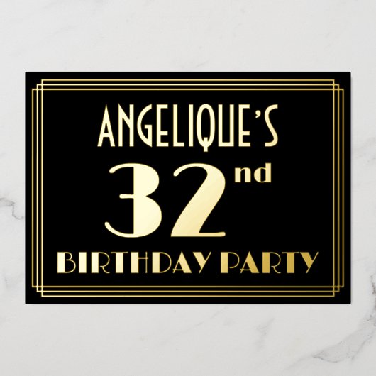 32e verjaardag: Art Deco Kijk "32", met naam Folie Uitnodiging (Voorkant)