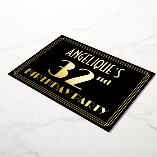 32e verjaardag: Art Deco Kijk "32", met naam Folie Uitnodiging (Gedraaid)