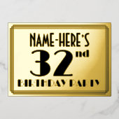 32e verjaardag — Art Deco look "32" + Naam Folie Uitnodiging (Voorkant)