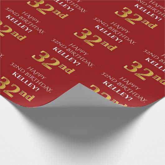 32e verjaardag: Elegant, rood, Faux Gold look Cadeaupapier (Hoek)