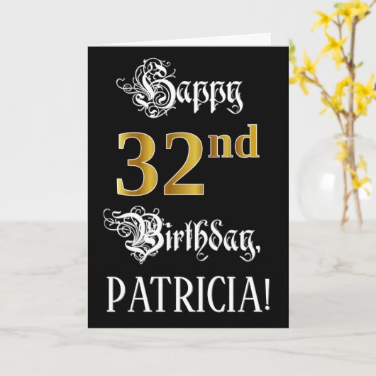 32e verjaardag — Fancy script; Faux Gold Kijk; naa Kaart (Gele Bloem)