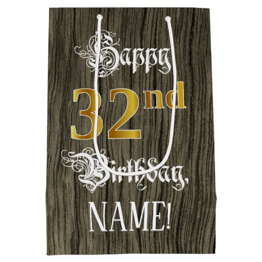 32e verjaardag: Faux Gold look & Faux Wood Pattern Medium Cadeauzakje (Achterkant)