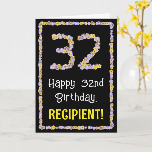 32e verjaardag: Floral Flowers Number, Custom Name Kaart (Gele Bloem)
