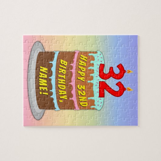 32e verjaardag: Fun Cake and Candles + Custom Name Legpuzzel (Horizontaal)