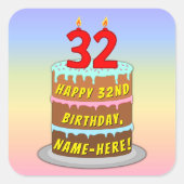 32e verjaardag: Fun Cake and Candles + Custom Name Vierkante Sticker (Voorkant)