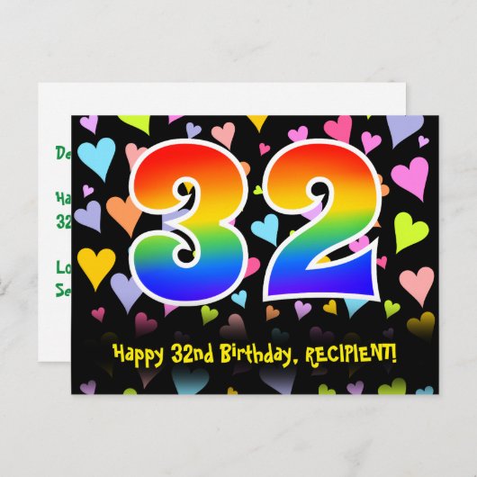32e verjaardag: Fun Hearts Pattern, Rainbow 32 Briefkaart (Voorkant / Achterkant)