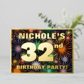 32e verjaardag — Fun, kleurrijke Fireworks look Folie Uitnodiging (Staand Voorkant)