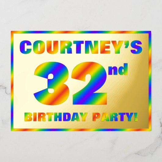 32e verjaardag - Fun, regenboogspectrum "32" Folie Uitnodiging (Voorkant)