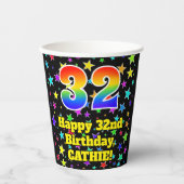 32e verjaardag: Fun Stars Pattern en Rainbow 32 Papieren Bekers (Voorkant)