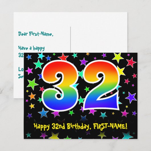 32e verjaardag: Fun Stars Pattern, Rainbow 32, Naa Briefkaart (Voorkant / Achterkant)