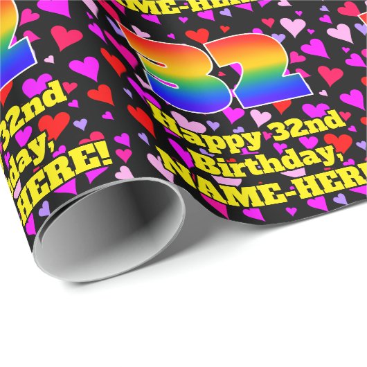 32e verjaardag: Heatpatroon liefhebbend, regenboog Cadeaupapier (Rol Hoek)