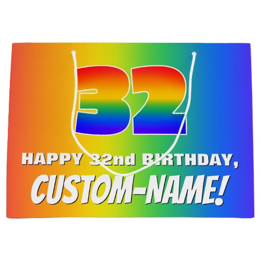 32e verjaardag: kleurrijk, vun regenboogpatroon #  groot cadeauzakje (Voorkant)