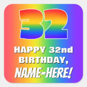 32e verjaardag: kleurrijk, vun regenboogpatroon #  vierkante sticker (Voorkant)