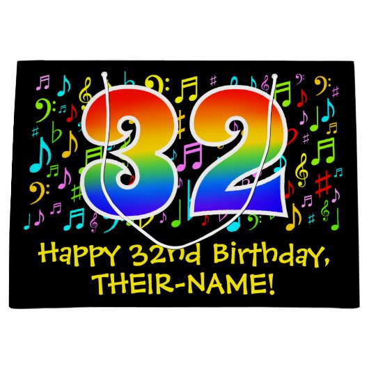 32e verjaardag - Kleurrijke muzieksymbolen, Rainbo Groot Cadeauzakje (Voorkant)