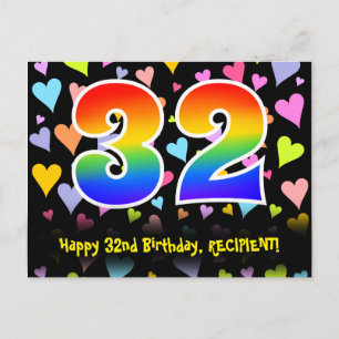 32e verjaardag: leuk hartjes patroon, regenboog 32 briefkaart