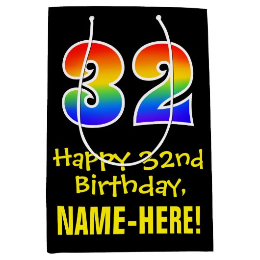 32e verjaardag: Leuk, Vet, Kleurrijk, Regenboog "3 Medium Cadeauzakje (Voorkant)