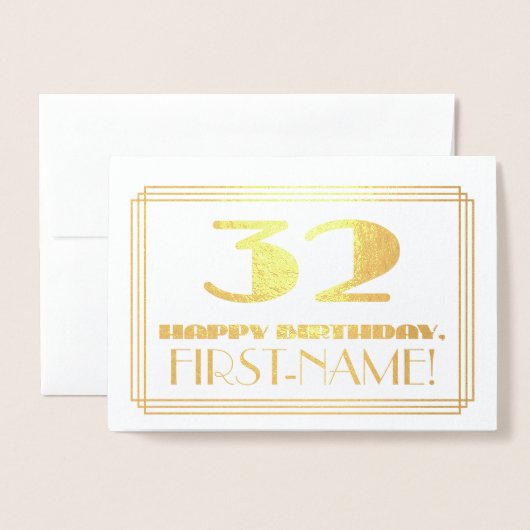32e verjaardag; naam + Art Deco geïnspireerd look  Folie Kaarten (Voorkant met envelop)
