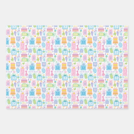 32e verjaardag Pastel Roze Cadeaus Ballons Inpakpapier Vel (Voorkant)