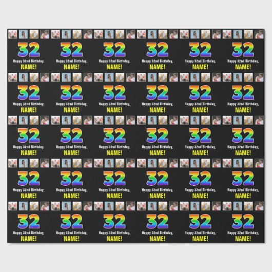 32e verjaardag: Regenboog "32"; Aangepaste foto's  Cadeaupapier (Zoom)