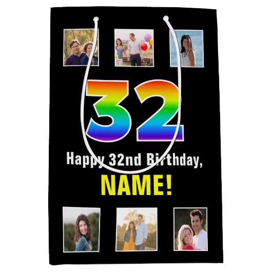 32e verjaardag: Regenboog "32", aangepaste foto's  Medium Cadeauzakje (Voorkant)
