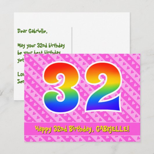 32e verjaardag: roze strepen & harten, regenboog 3 briefkaart (Voorkant / Achterkant)