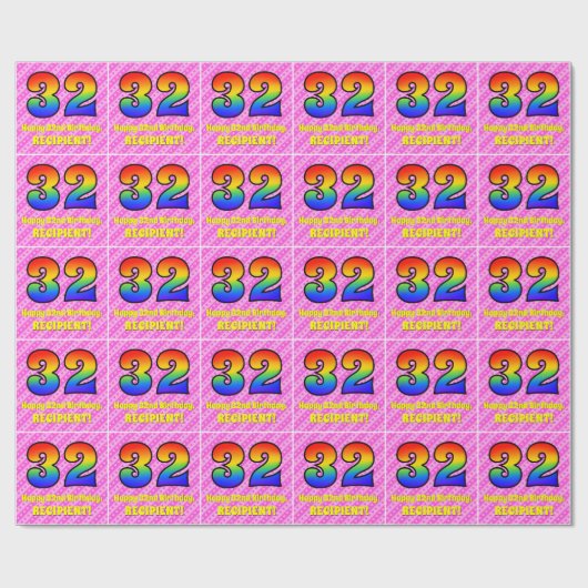 32e verjaardag: roze strips & harten, regenboognr. cadeaupapier (Vlak)