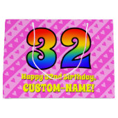 32e verjaardag: roze strips & harten, regenboognr. groot cadeauzakje (Voorkant)