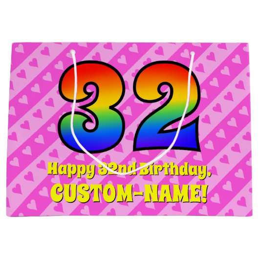 32e verjaardag: roze strips & harten, regenboognr. groot cadeauzakje (Voorkant)