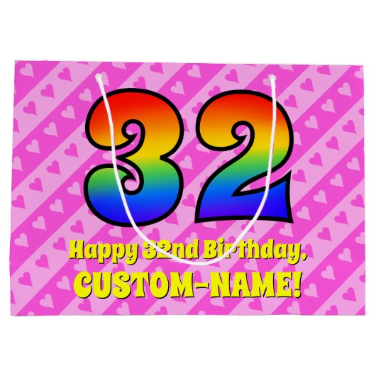 32e verjaardag: roze strips & harten, regenboognr. groot cadeauzakje (Achterkant)