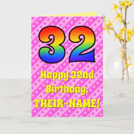 32e verjaardag: roze strips & harten, regenboognr. kaart (Gele Bloem)
