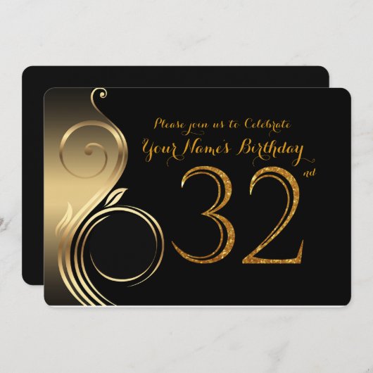 32e, Verjaardag Uitnodiging, Nummer Glitter Goud,  Kaart (Voorkant / Achterkant)