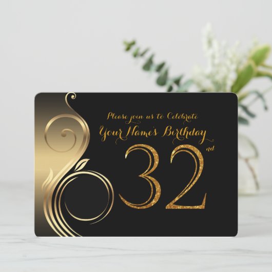 32e, Verjaardag Uitnodiging, Nummer Glitter Goud,  Kaart (Staand voorkant)