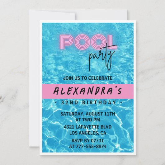 32e verjaardag uitnodiging voor haar Pool Party Su (Voorkant)