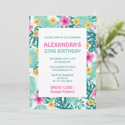 32e verjaardag uitnodigingen Tropical Hawaii Flora (Staand voorkant)
