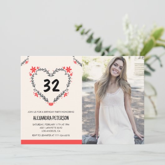 32e verjaardag uitnodigingen voor haar Bloemenhart (Staand voorkant)