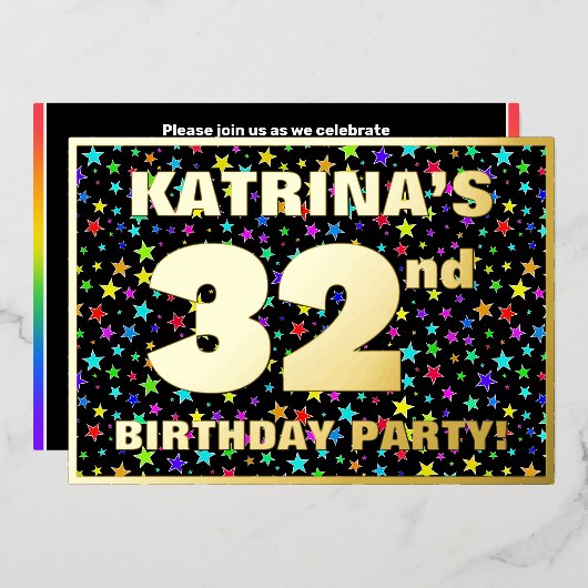 32e verjaardag van de Fun, kleurrijk sterrenpatroo Folie Uitnodiging (Voorkant / Achterkant)