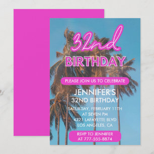 32e verjaardagsuitnodiging Summer Roze Palmboom Kaart