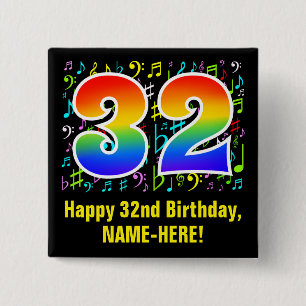 32nd Birthday: Colorful Music Symbols, Rainbow 32 Vierkante Button 5,1 Cm
