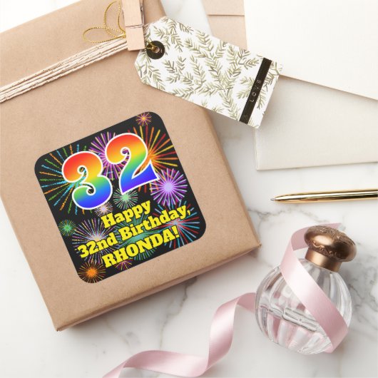 32nd Birthday: Fun Fireworks Look, Rainbow # 32 Vierkante Sticker (Geschenken)