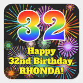 32nd Birthday: Fun Fireworks Look, Rainbow # 32 Vierkante Sticker (Voorkant)