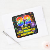 32nd Birthday: Fun Fireworks Look, Rainbow # 32 Vierkante Sticker (Envelop)