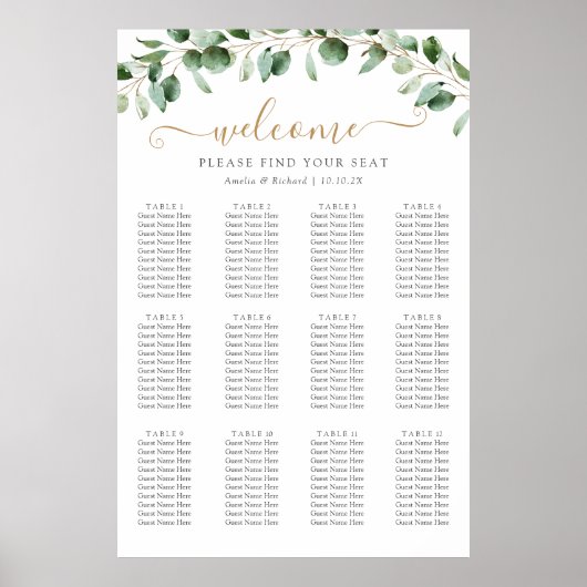32x48 Eucalyptus Greenery Wedding Seating Chart Poster (Voorkant)