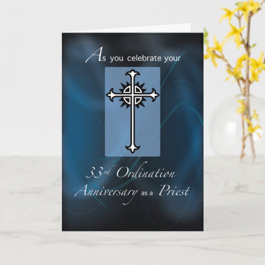 33e Ordination Jubileum Priest Cross Navy Blu Kaart (Gele Bloem)