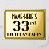 33e verjaardag: Art Deco Kijk "33" en naam Folie Uitnodiging (Voorkant)