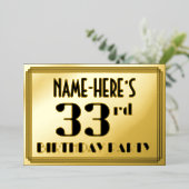 33e verjaardag: Art Deco Kijk "33" en naam Folie Uitnodiging (Staand Voorkant)