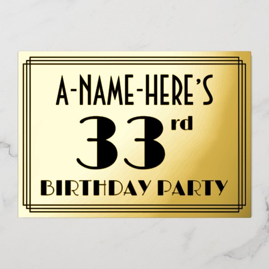 33e verjaardag — Art Deco look "33" + Naam Folie Uitnodiging (Voorkant)