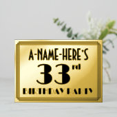 33e verjaardag — Art Deco look "33" + Naam Folie Uitnodiging (Staand Voorkant)