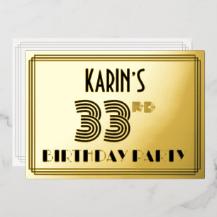 33e verjaardag — Art Deco Style "33" en naam Folie Uitnodiging