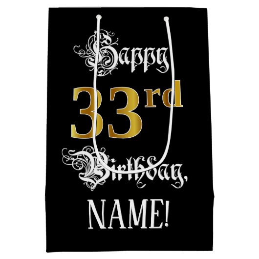 33e verjaardag ~ Fancy script; Faux Gold look; naa Medium Cadeauzakje (Achterkant)