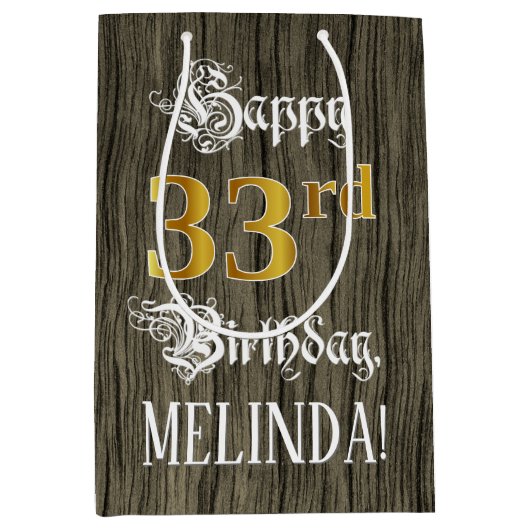 33e verjaardag: Faux Gold look & Faux Wood Pattern Medium Cadeauzakje (Voorkant)